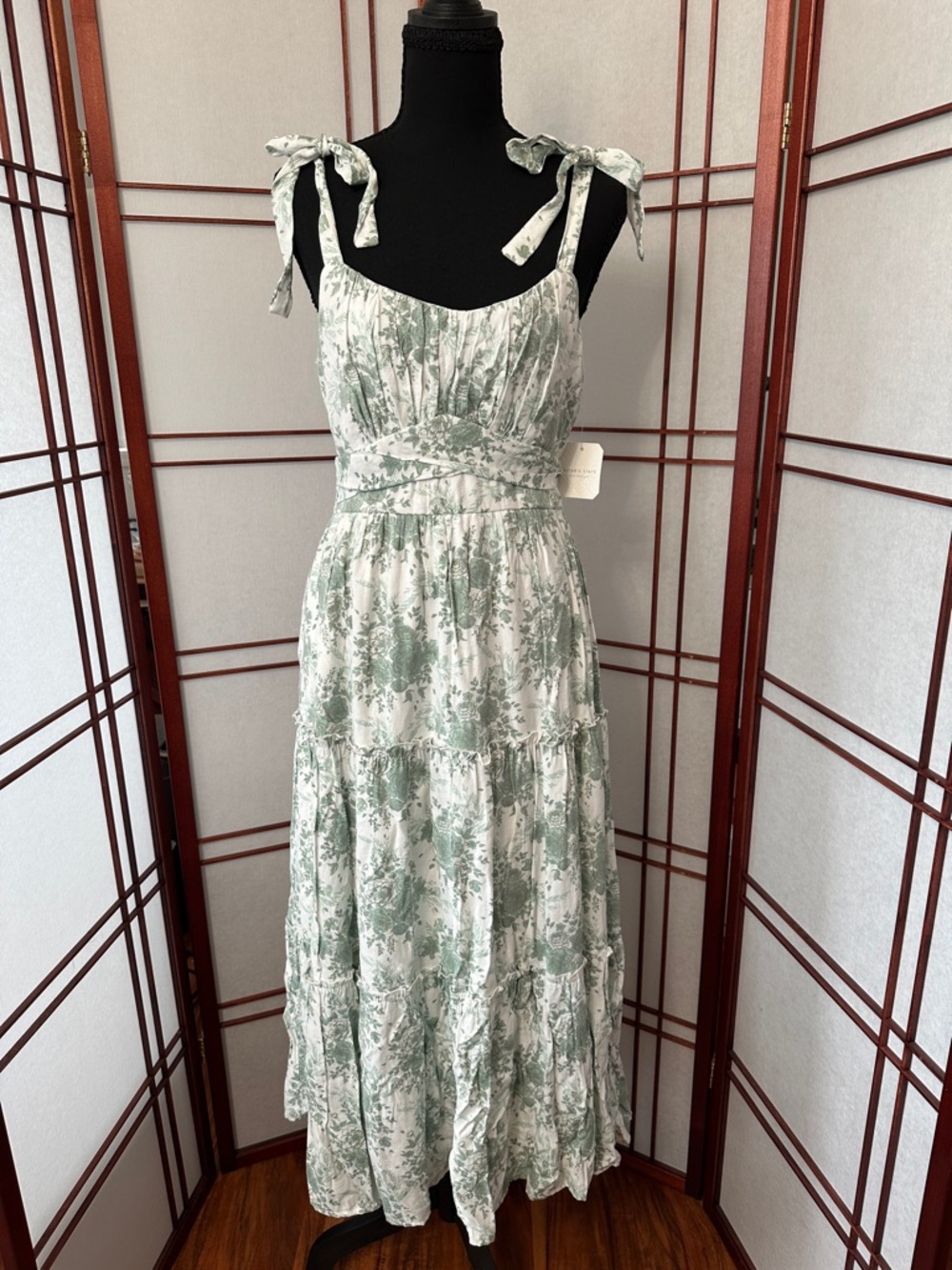 Altar'd State Sage Green Floral Tie-Shoulder Maxi Dress